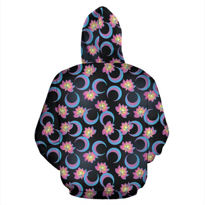 Lotus with Moon Pink Print Themed Pullover Hoodie