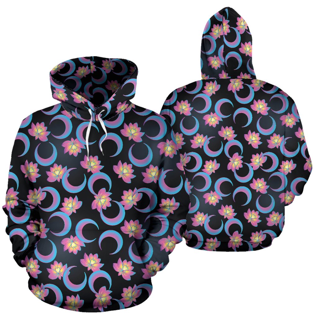 Lotus with Moon Pink Print Themed Pullover Hoodie