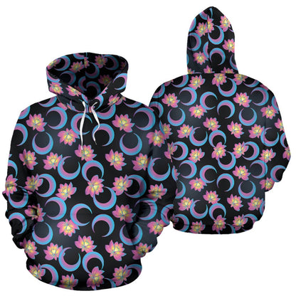 Lotus with Moon Pink Print Themed Pullover Hoodie