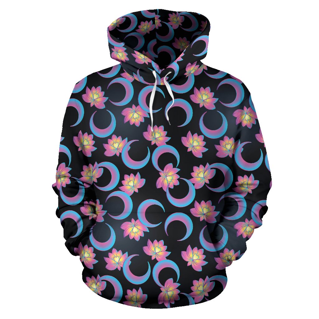 Lotus with Moon Pink Print Themed Pullover Hoodie