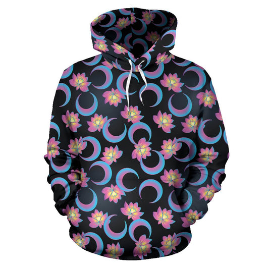 Lotus with Moon Pink Print Themed Pullover Hoodie