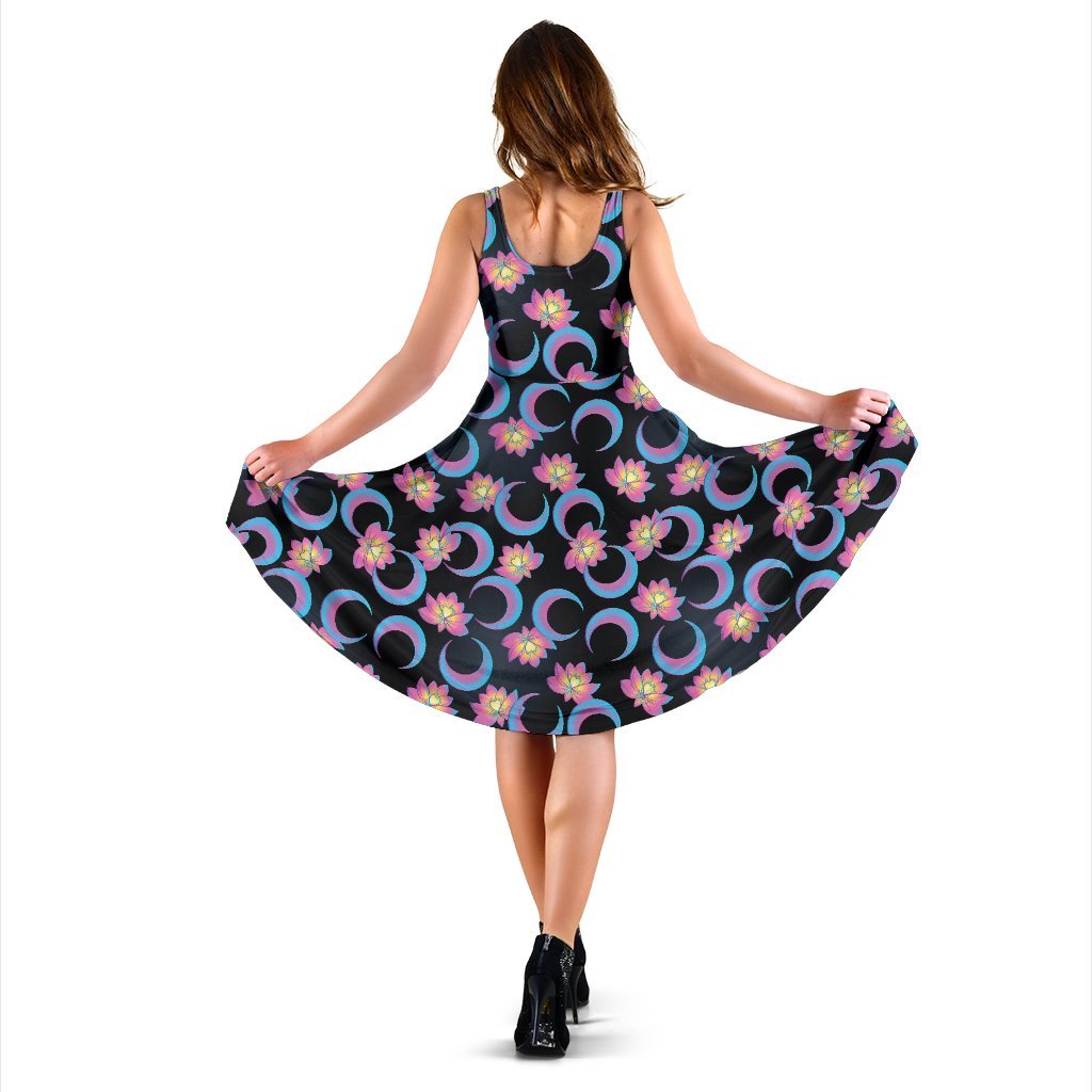 Lotus With Moon Pink Print Themed Sleeveless Dress