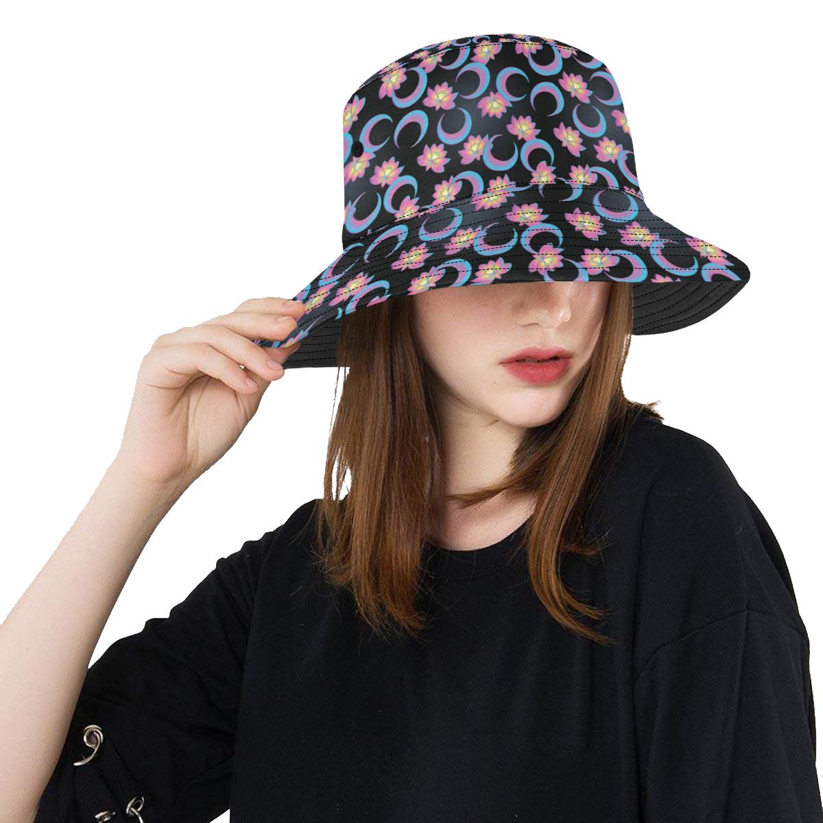Lotus with Moon Pink Print Themed Unisex Bucket Hat