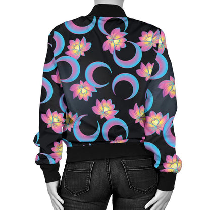 Lotus with Moon Pink Print Themed Women Casual Bomber Jacket