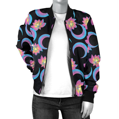 Lotus with Moon Pink Print Themed Women Casual Bomber Jacket