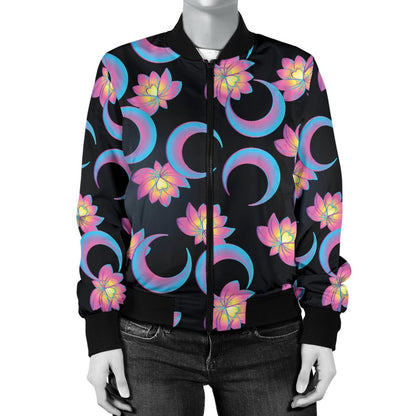 Lotus with Moon Pink Print Themed Women Casual Bomber Jacket