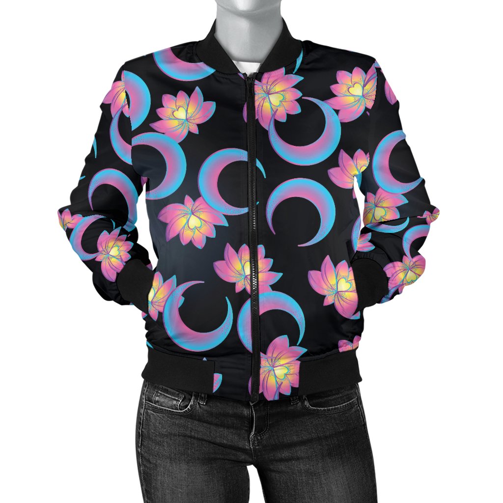 Lotus with Moon Pink Print Themed Women Casual Bomber Jacket
