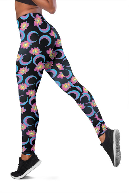 Lotus with Moon Pink Print Themed Women Leggings