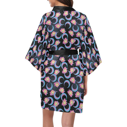 Lotus with Moon Pink Print Themed Women Short Kimono Robe