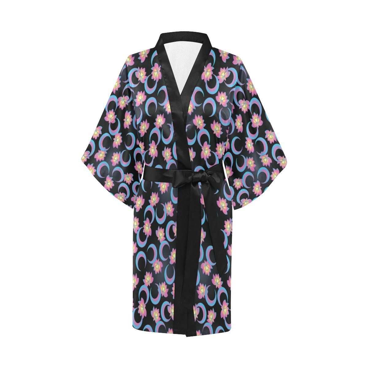 Lotus with Moon Pink Print Themed Women Short Kimono Robe
