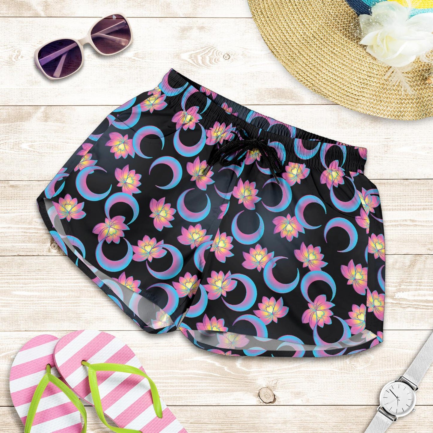 Lotus with Moon Pink Print Themed Women Shorts-JTAMIGO.COM