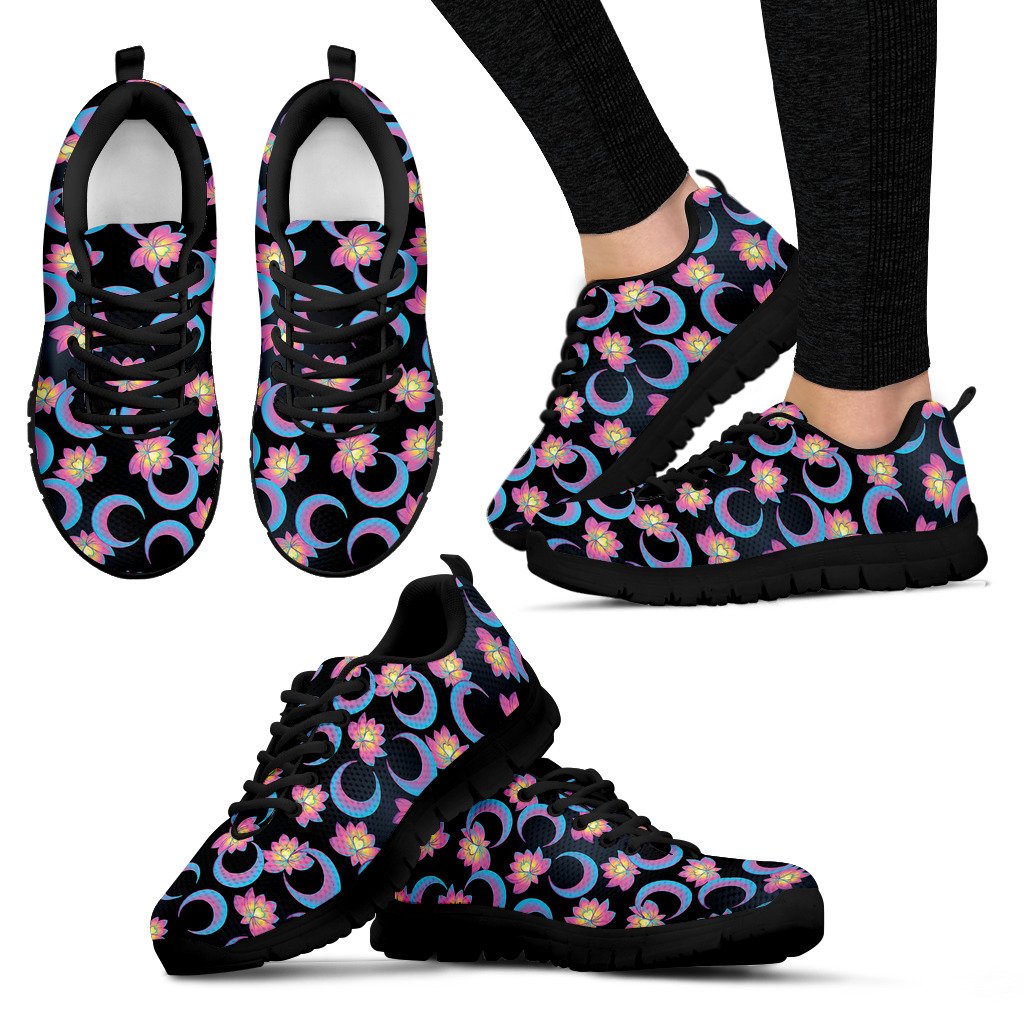 Lotus with Moon Pink Print Themed Women Sneakers Shoes
