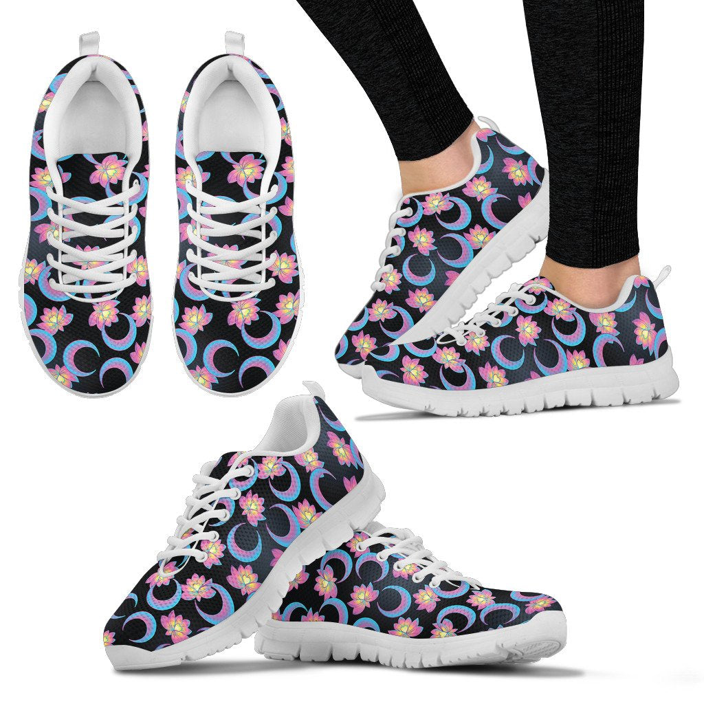Lotus with Moon Pink Print Themed Women Sneakers Shoes