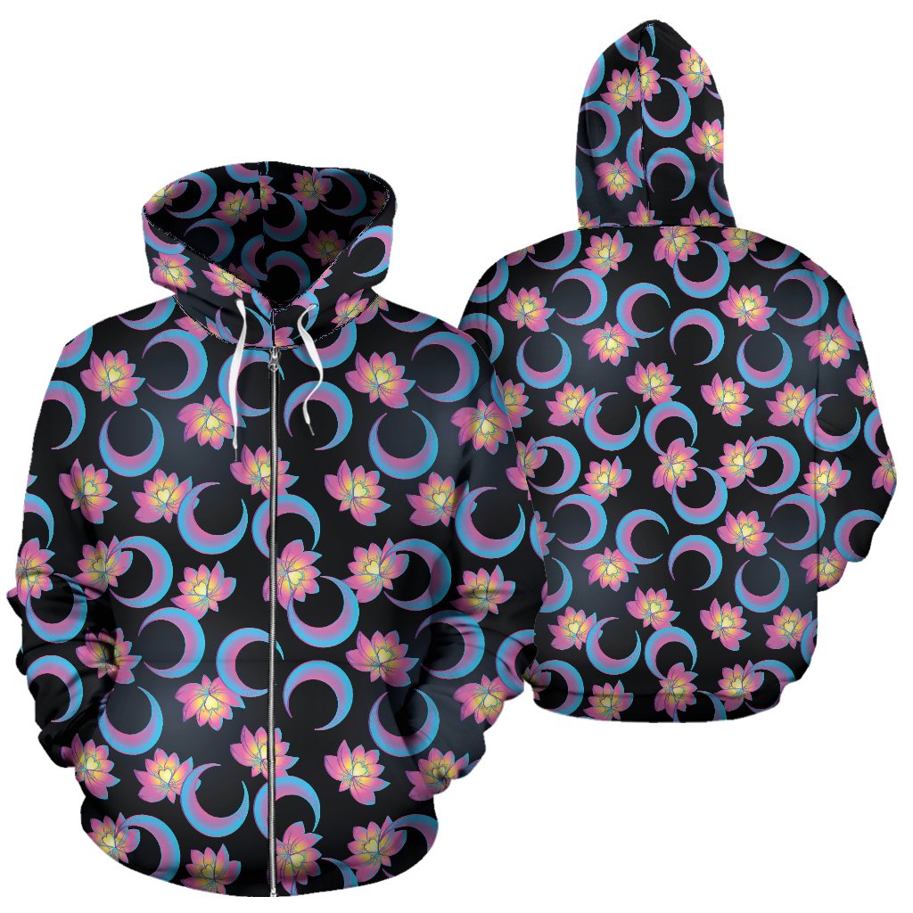 Lotus with Moon Pink Print Themed Zip Up Hoodie