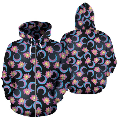 Lotus with Moon Pink Print Themed Zip Up Hoodie