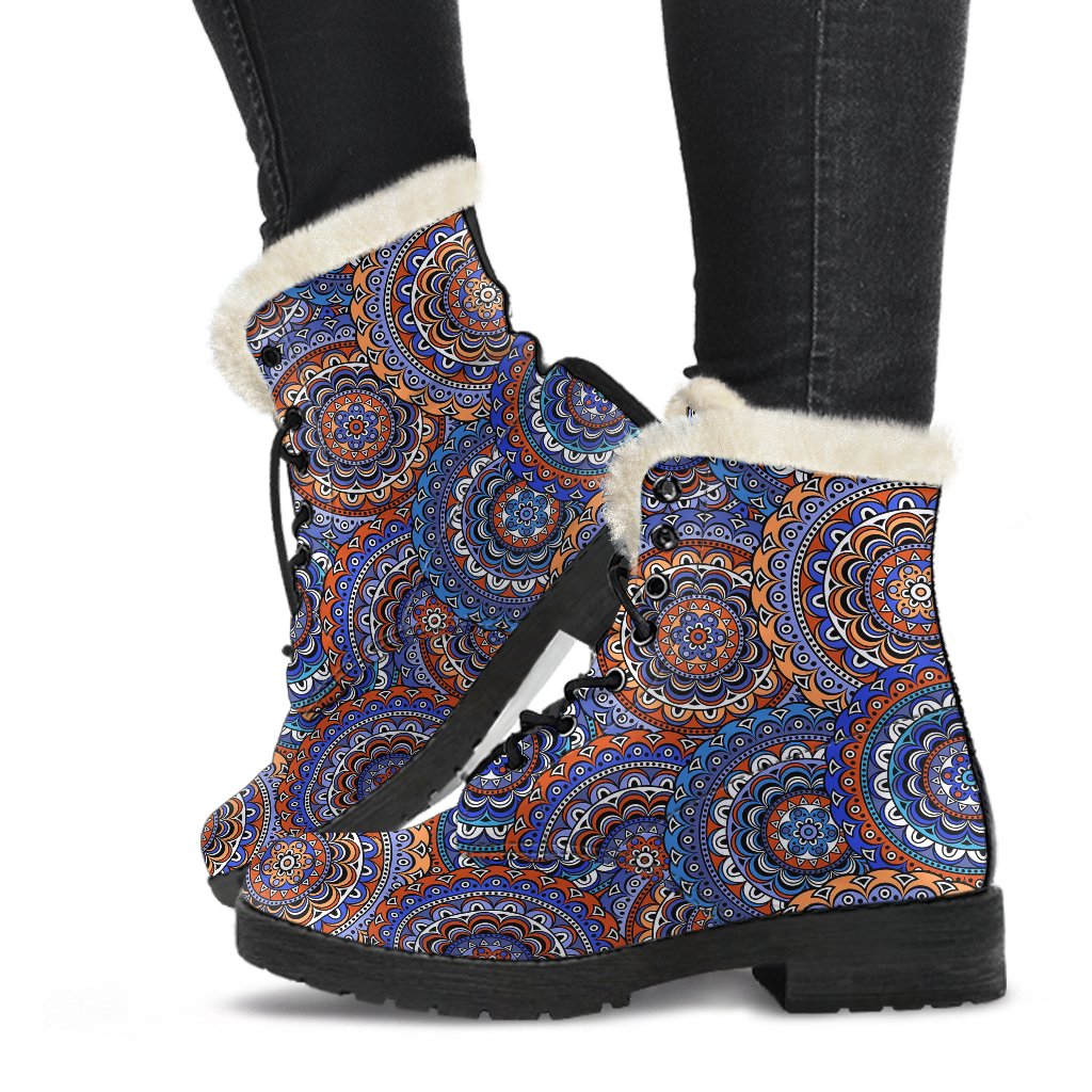 Mandala Boho Chic Design Print Faux Fur Leather Boots-JTAMIGO.COM