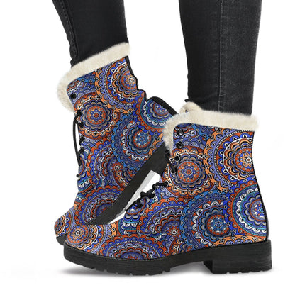 Mandala Boho Chic Design Print Faux Fur Leather Boots-JTAMIGO.COM