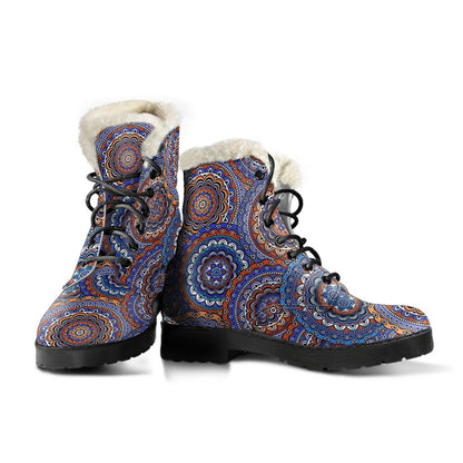 Mandala Boho Chic Design Print Faux Fur Leather Boots-JTAMIGO.COM