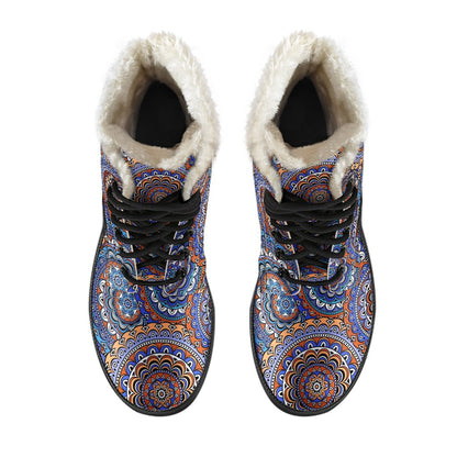 Mandala Boho Chic Design Print Faux Fur Leather Boots-JTAMIGO.COM