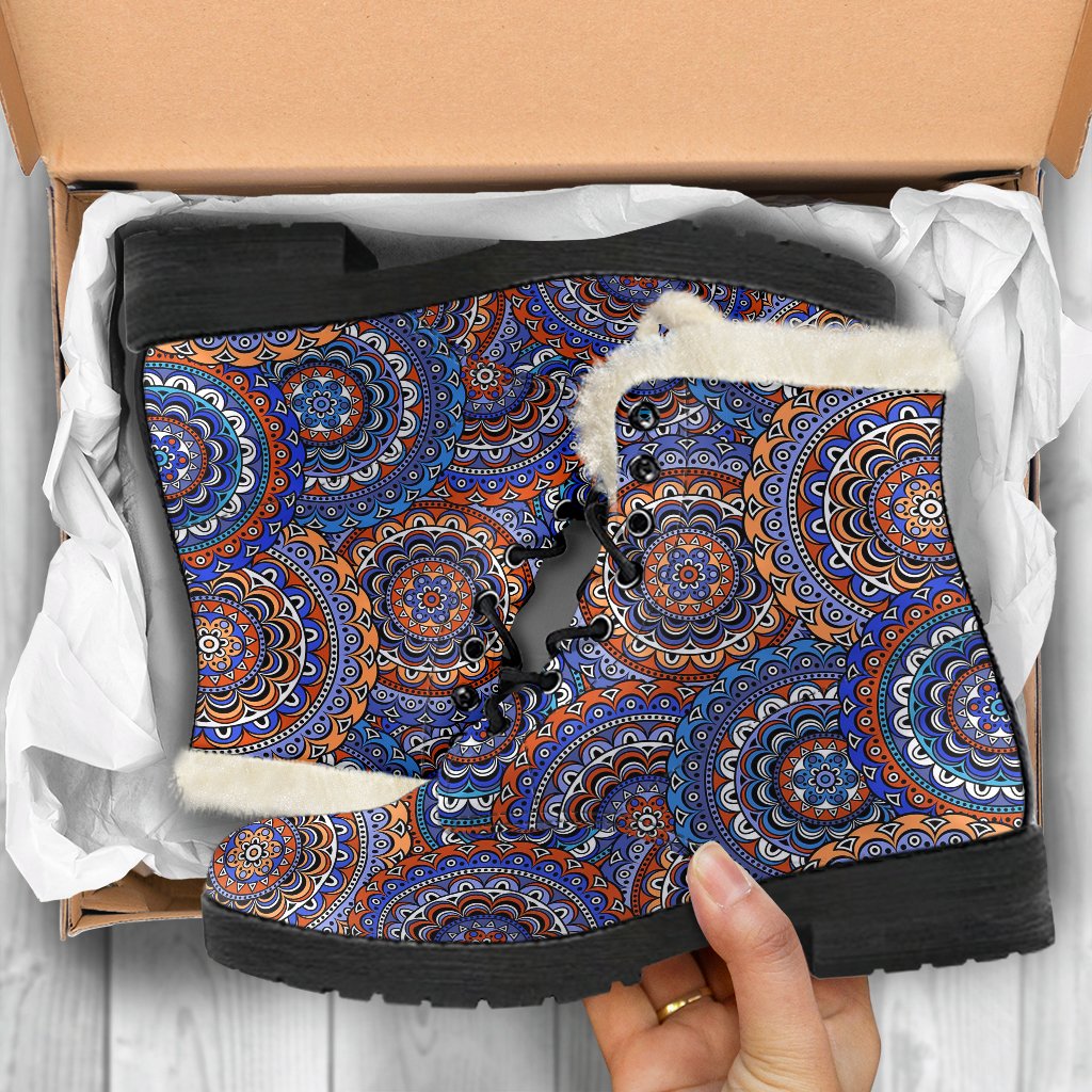 Mandala Boho Chic Design Print Faux Fur Leather Boots-JTAMIGO.COM