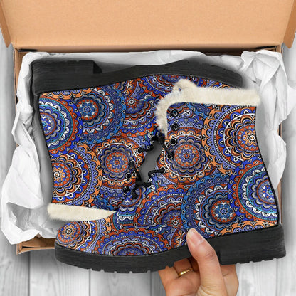 Mandala Boho Chic Design Print Faux Fur Leather Boots-JTAMIGO.COM