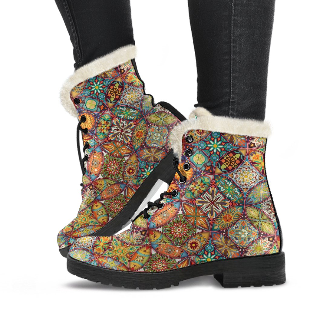 Mandala Flower Themed Design Print Faux Fur Leather Boots-JTAMIGO.COM