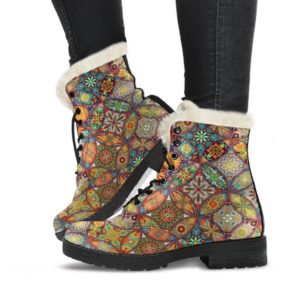 Mandala Flower Themed Design Print Faux Fur Leather Boots-JTAMIGO.COM