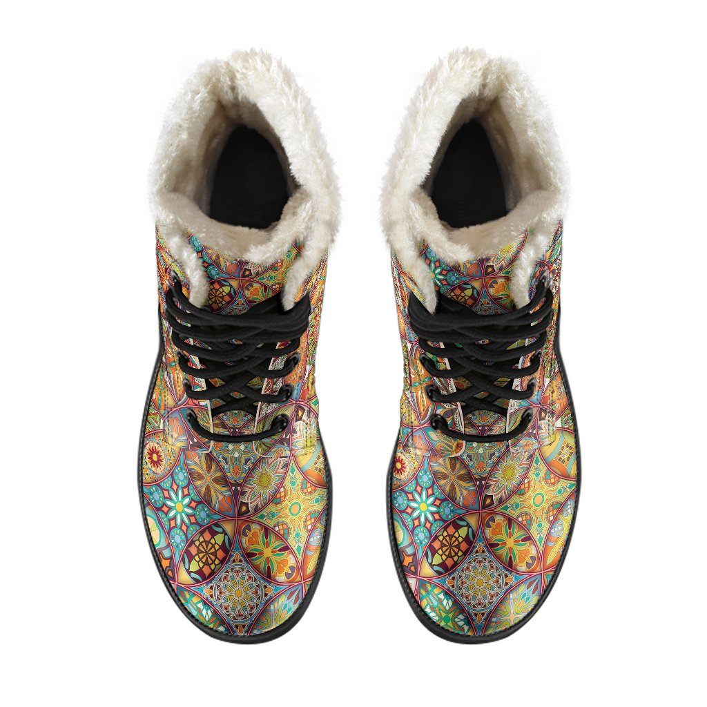 Mandala Flower Themed Design Print Faux Fur Leather Boots-JTAMIGO.COM