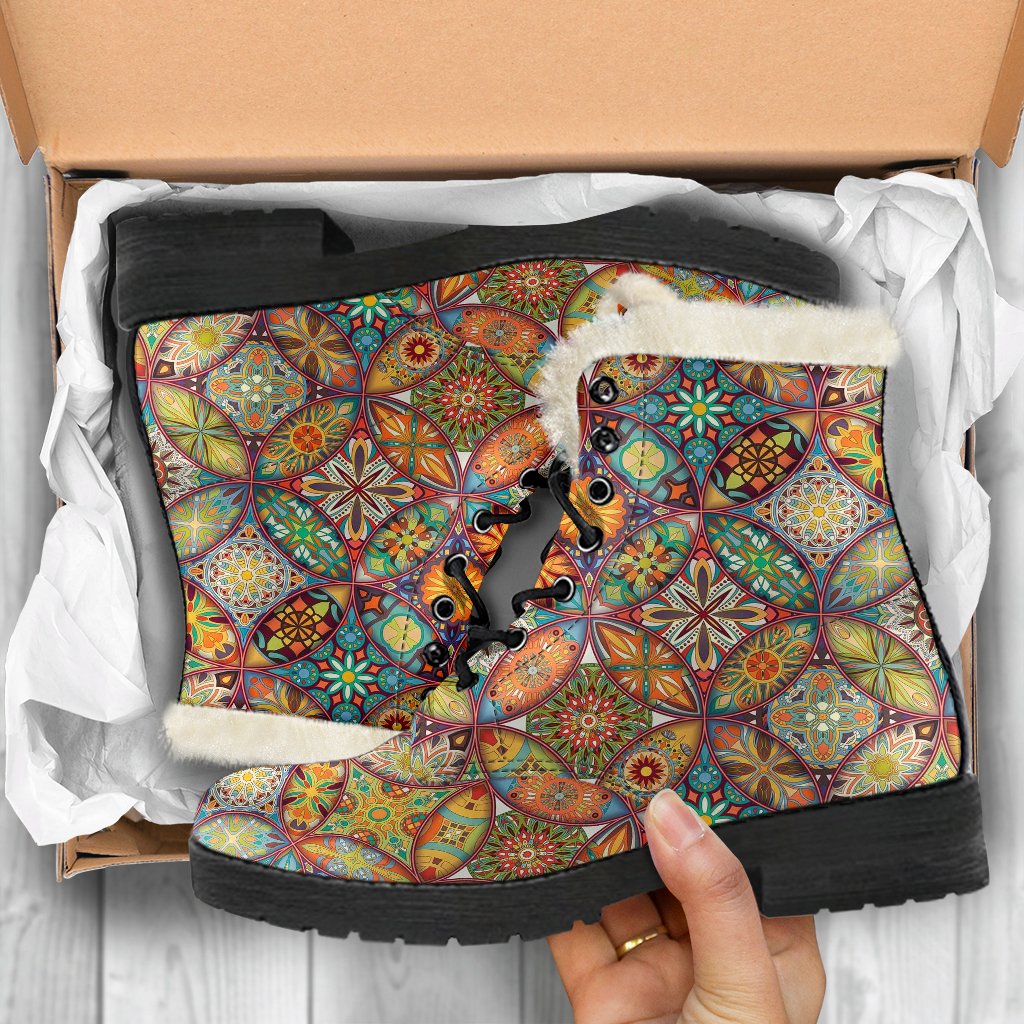 Mandala Flower Themed Design Print Faux Fur Leather Boots-JTAMIGO.COM