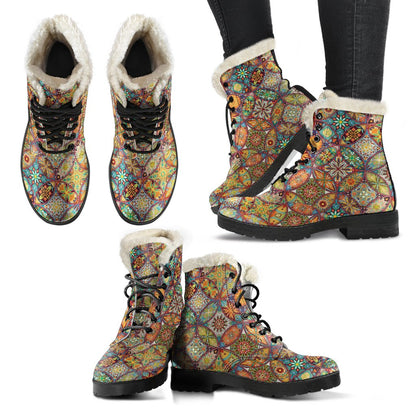 Mandala Flower Themed Design Print Faux Fur Leather Boots-JTAMIGO.COM