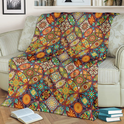 Mandala Flower Themed Design Print Fleece Blanket
