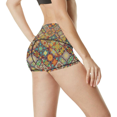 Mandala Flower Themed Design Print High Waisted Spandex Shorts-JTAMIGO.COM