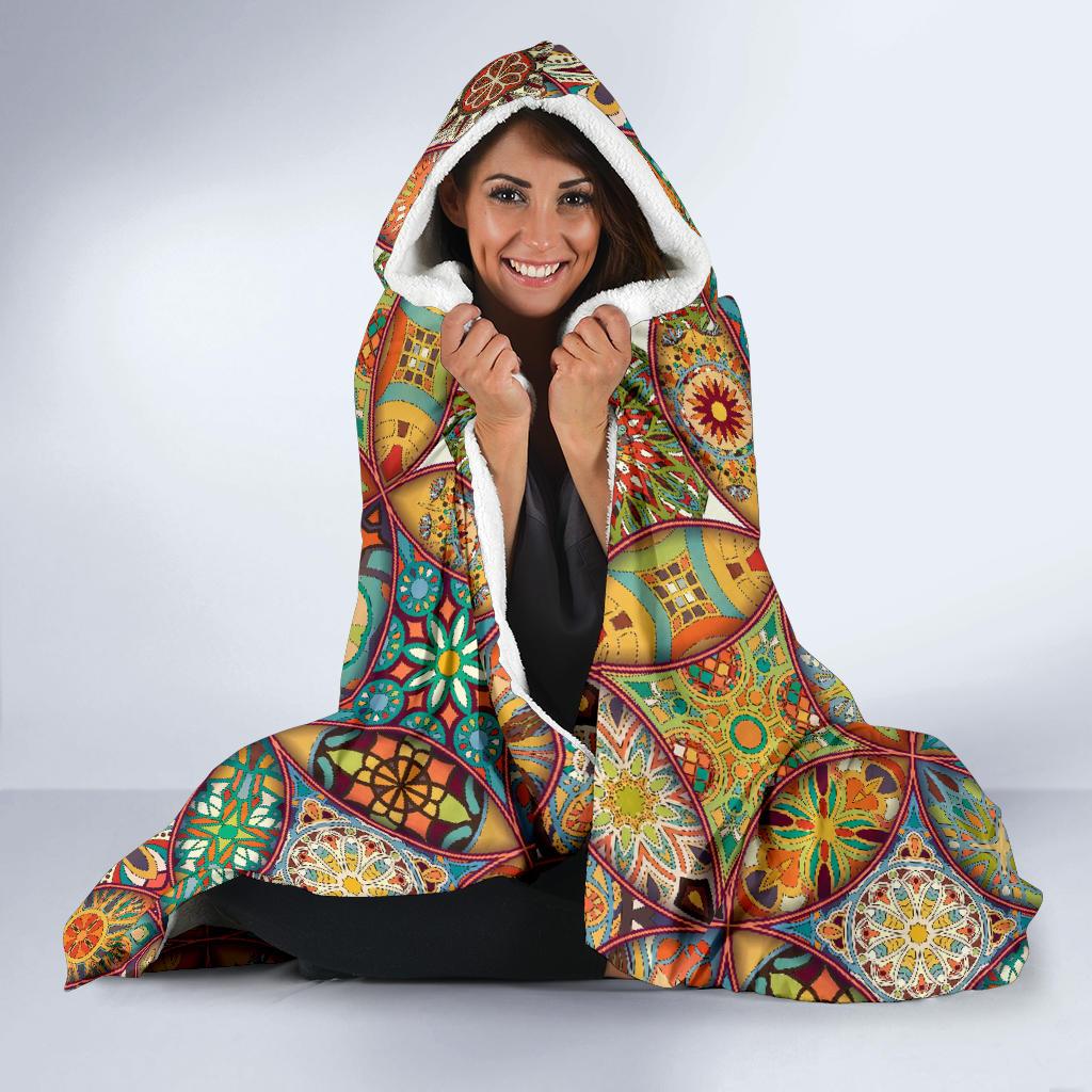 Mandala Flower Themed Design Print Hooded Blanket-JTAMIGO.COM