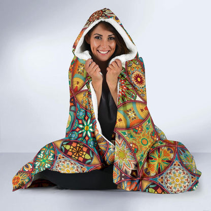 Mandala Flower Themed Design Print Hooded Blanket-JTAMIGO.COM