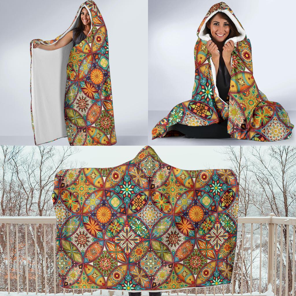 Mandala Flower Themed Design Print Hooded Blanket-JTAMIGO.COM