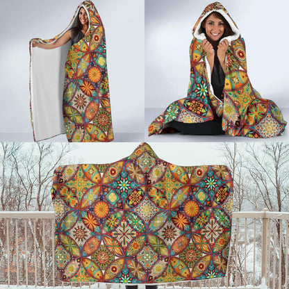 Mandala Flower Themed Design Print Hooded Blanket-JTAMIGO.COM