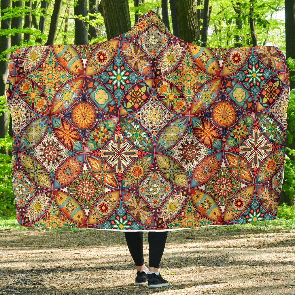 Mandala Flower Themed Design Print Hooded Blanket-JTAMIGO.COM