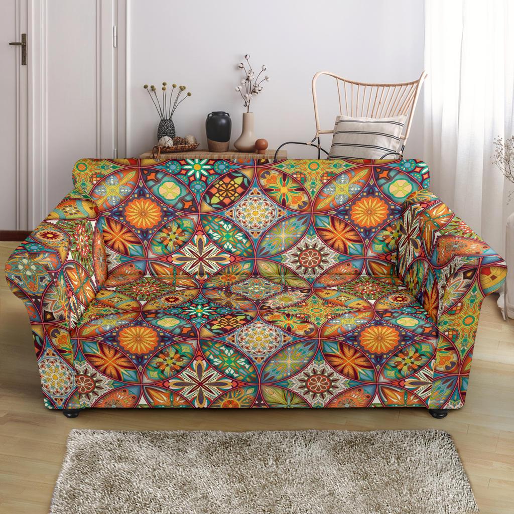 Mandala Flower Themed Design Print Loveseat Slipcover-JTAMIGO.COM