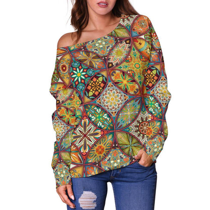 Mandala Flower Themed Design Print Off Shoulder Sweatshirt