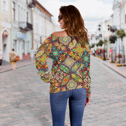 Mandala Flower Themed Design Print Off Shoulder Sweatshirt