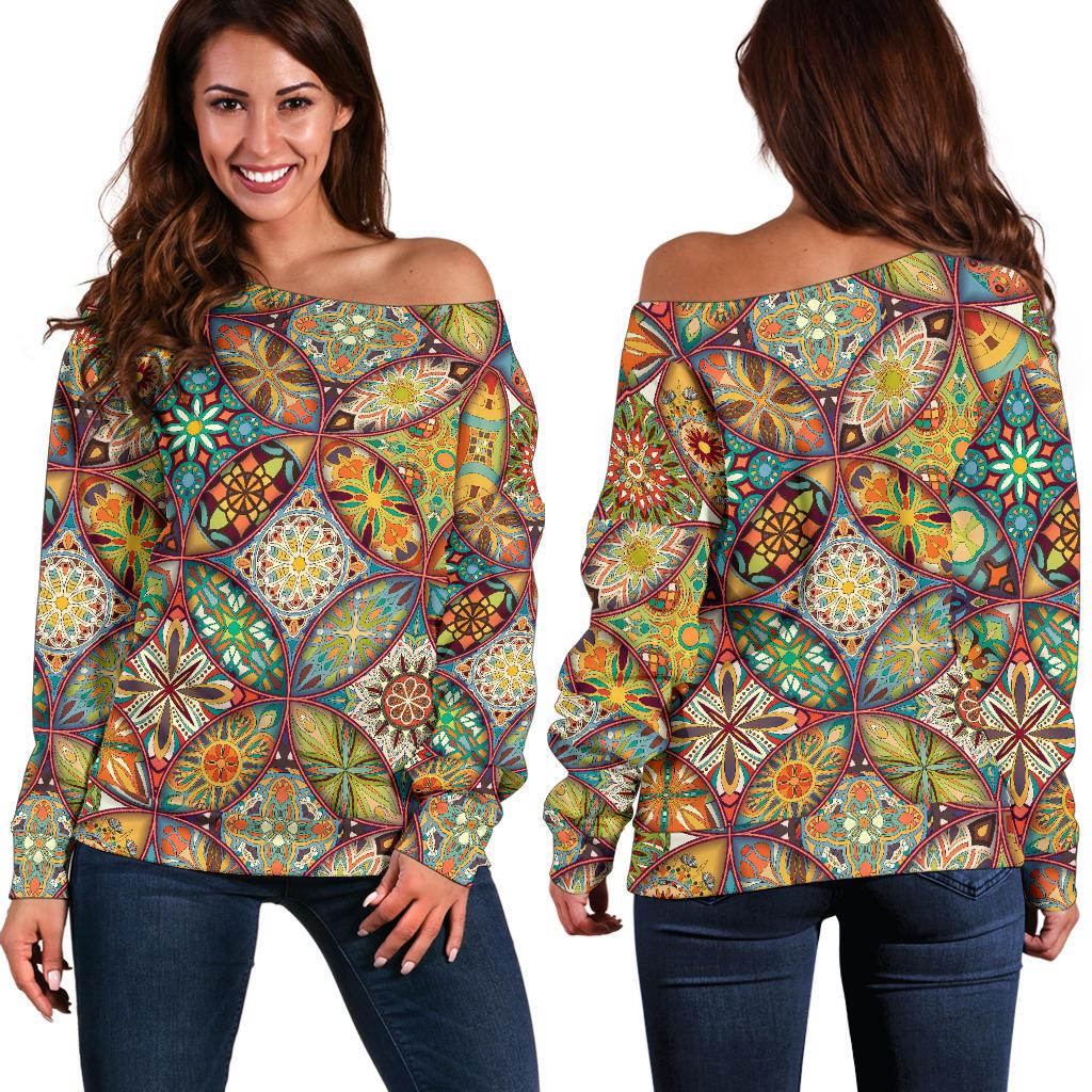 Mandala Flower Themed Design Print Off Shoulder Sweatshirt