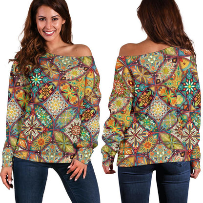 Mandala Flower Themed Design Print Off Shoulder Sweatshirt
