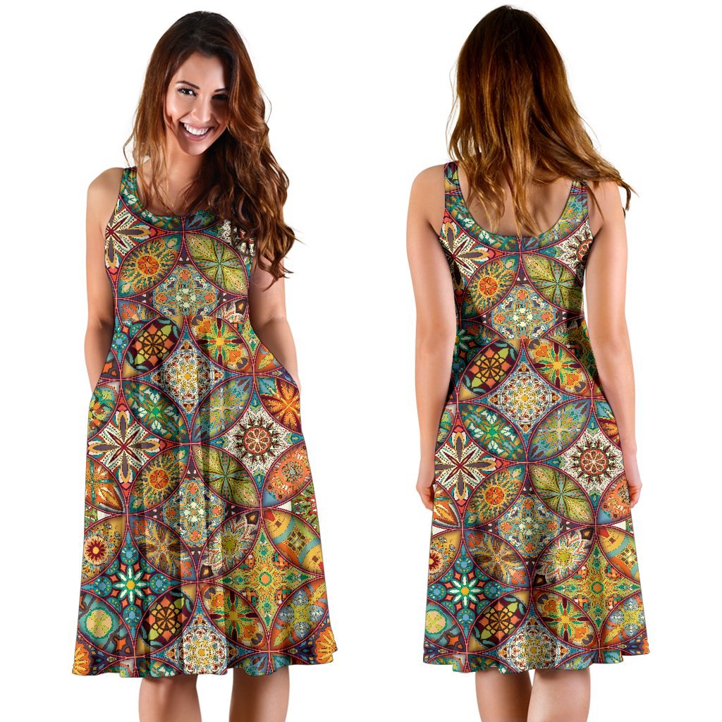 Mandala Flower Themed Design Print Sleeveless Dress