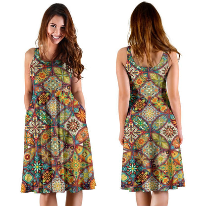 Mandala Flower Themed Design Print Sleeveless Dress