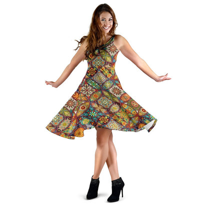Mandala Flower Themed Design Print Sleeveless Dress