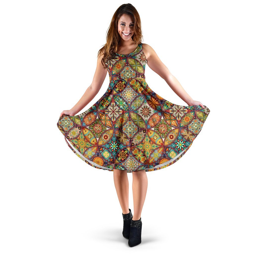 Mandala Flower Themed Design Print Sleeveless Dress