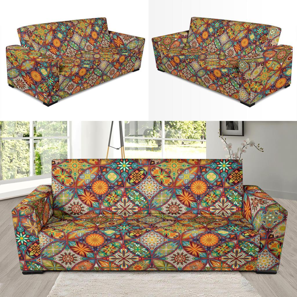 Mandala Flower Themed Design Print Sofa Slipcover-JTAMIGO.COM