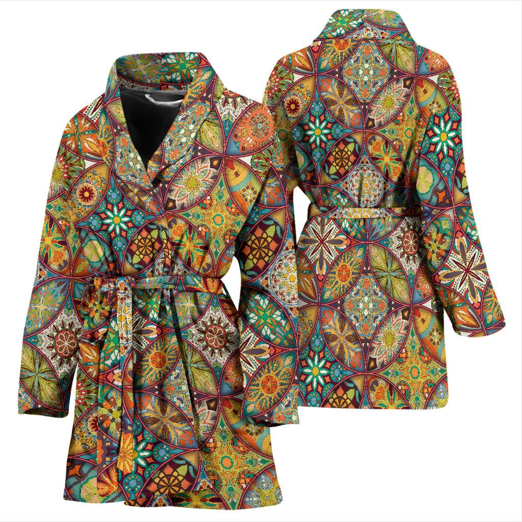 Mandala Flower Themed Design Print Women Bath Robe-JTAMIGO.COM