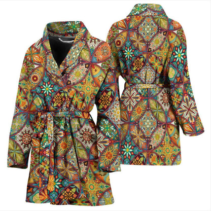 Mandala Flower Themed Design Print Women Bath Robe-JTAMIGO.COM