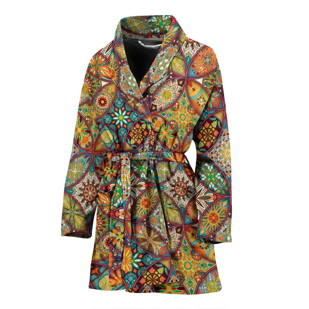 Mandala Flower Themed Design Print Women Bath Robe-JTAMIGO.COM